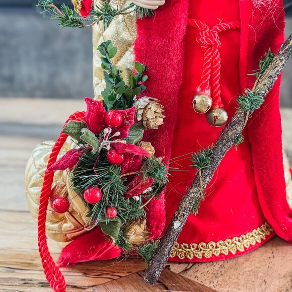 Curly Bearded Santa Claus in Red, Gold & Greenery Tree Top/Table Top Decor, 13”H - Picture 4 of 10